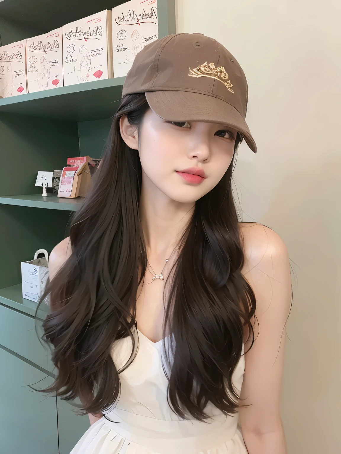 A girl taking pictures，facing the camera，黑色Long curly hair，，girl wearing khaki hat，Long curly hair，long flowing hair，The hair is very curly，Photorealism，masterpiece，best quality，high quality，fine details，clear focus，精致Face部细节纹理，Face型流畅光滑自然，Very detailed faces，4 k，1girl，deep shadow， 1 girl， Narrow waist，美丽的Face， Face， Divine goddess， ultra high resolution，（Realism：1.4），（beautiful girl：1.4），（Looking at the audience，Detailed facial details，Beautiful detailed eyes，Jet-black hair，（Urzang-6500-V1.1：0.3）