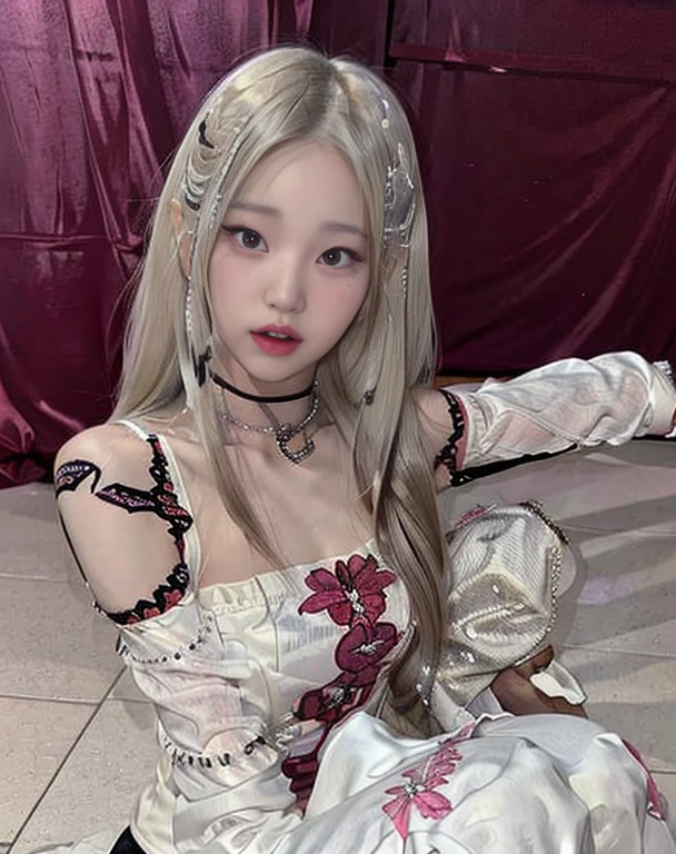 blond woman with long hair and tattoos crouching down on a white floor, lalisa manobal, roseanne park of blackpink, cl, shikamimi, portrait a woman like reol, lalisa manoban of blackpink, the hime cut, long white hair and bangs, by Ayami Kojima, portrait of jossi of blackpink, misa amane *