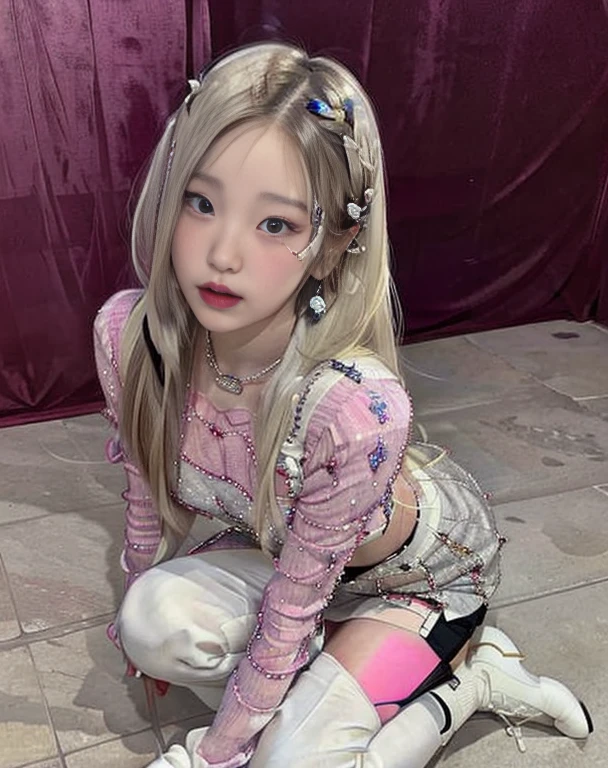 blond woman with long hair and tattoos crouching down on a white floor, lalisa manobal, roseanne park of blackpink, cl, shikamimi, portrait a woman like reol, lalisa manoban of blackpink, the hime cut, long white hair and bangs, by Ayami Kojima, portrait of jossi of blackpink, misa amane *