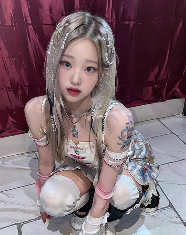 blond woman with long hair and tattoos crouching down on a white floor, lalisa manobal, roseanne park of blackpink, cl, shikamimi, portrait a woman like reol, lalisa manoban of blackpink, the hime cut, long white hair and bangs, by Ayami Kojima, portrait of jossi of blackpink, misa amane *