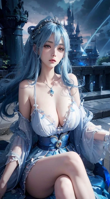 a woman with blue hair sitting on a bench in front of a castle, beautiful alluring anime woman, a beautiful fantasy empress, ((a beautiful fantasy empress)), anime goddess, seductive anime girl, trending on cgstation, beautiful anime woman, beautiful fantasy anime, beautiful anime girl, trending at cgstation, attractive anime girl, fantasy beautiful, beautiful goddess, japanese goddess