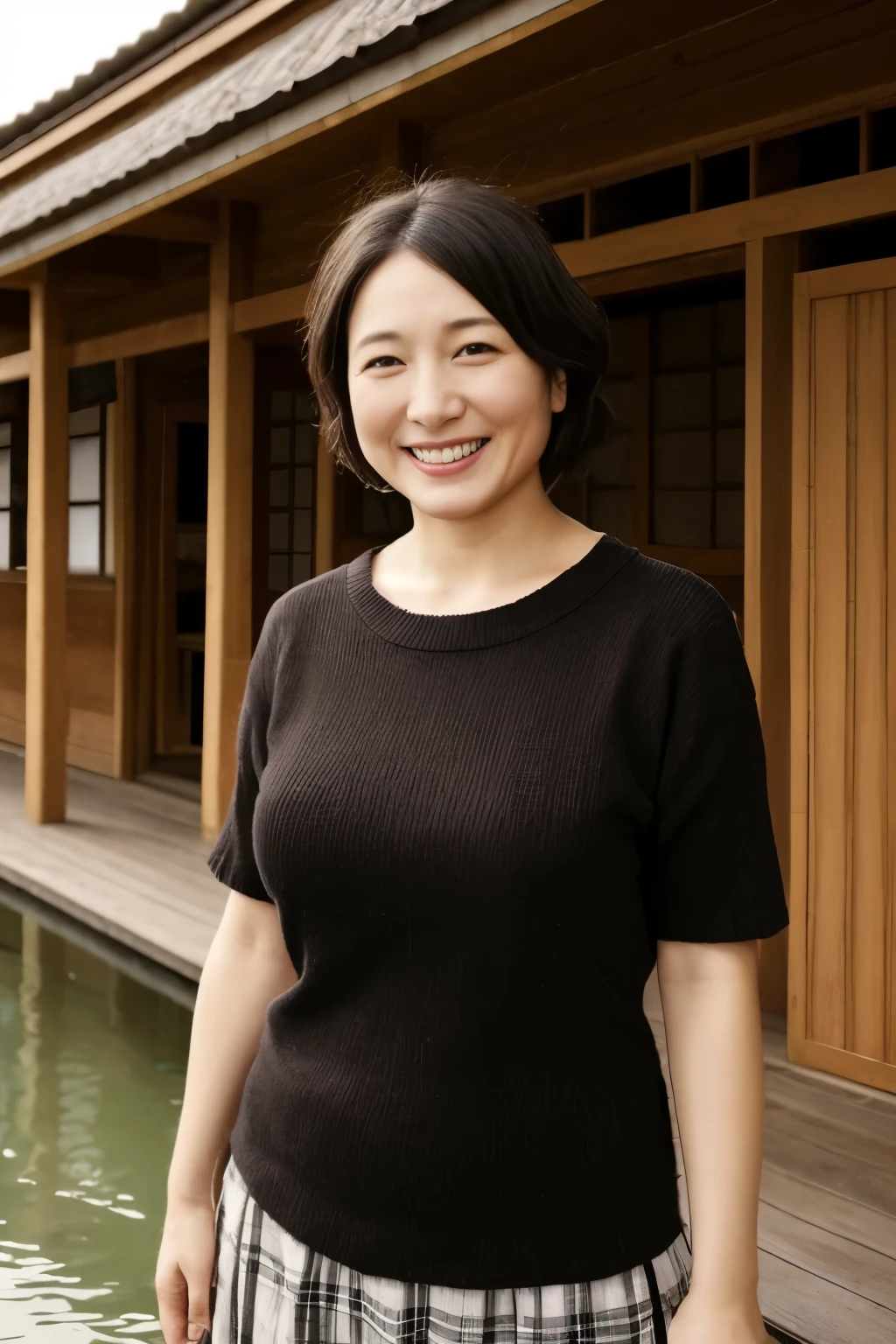 portrait、8K、high quality、realistic photo images、39 years old、japanese woman、neat wife、young proprietress of an inn、Reproduces natural and realistic eyes、japanese stand、、美しいblack hair、short hair、short hair、light makeup、octane rendering、beautiful lighting、composition of golden ratio、laughter、short sleeveの服、bright colors、casual clothes、short sleeveの旅館の従業員の服装、short sleeve、mini skirtの服装、mini skirt、thighs、very short skirt、Standing at the entrance to a hot spring inn、Ryokan Sandals、Welcome customers、welcome、Hot spring inn entrance background、4k、High level image quality、realistic photo images、japanese woman、39 years old、Pure Japanese humanity、beautiful wife、Upper body、beautiful bust、Bulge of the bust、light makeup、、neat beauty、mature woman、refreshing smile、open your mouth、black hair、black eye、