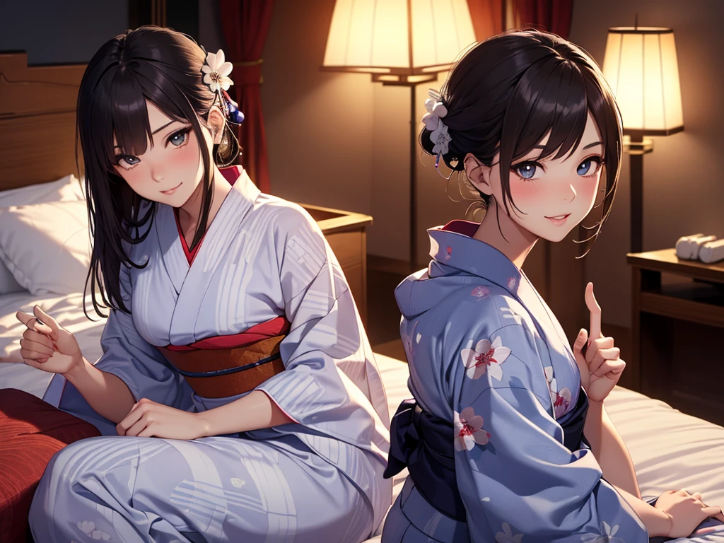 1 beautiful woman, seductive sexy, Alluring plumpness, Brunette, Straight-haired, pupils sparking, long upper eyelashes, (wearing yukata in hotel:1.5), Japanese-style rooms at the hotel, futon, seductive smile, light blush, ear blush, seductive expression, sexy tease, high quality clothing, beautiful and delicate clothing, super detail face, high detail and delicate eyes, ((accurate limbs)), ((correct finger)), (super textured skin), high quality background, award winning, masterpiece, anatomically correct, retina, highres, UHD, 16k, 8k