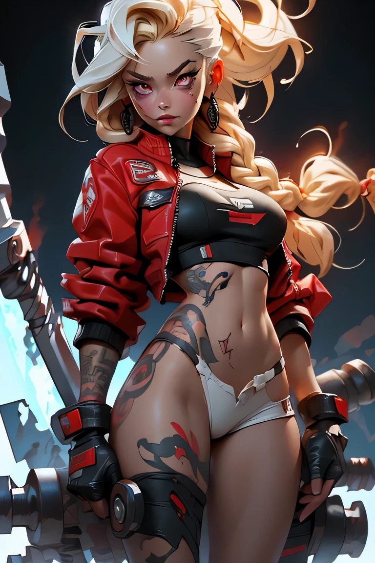 1girl, rebecca \(cyberpunk\), full body, solo, blonde braid hair, glowing red eyes,laugh fearlessly, leg tattoo, neck tattoo, large chest, black bra, thong, red pupils, skin fang, red eyes, black jacket, ((Holding a big hammer、white background:1.2))、dynamic angle、