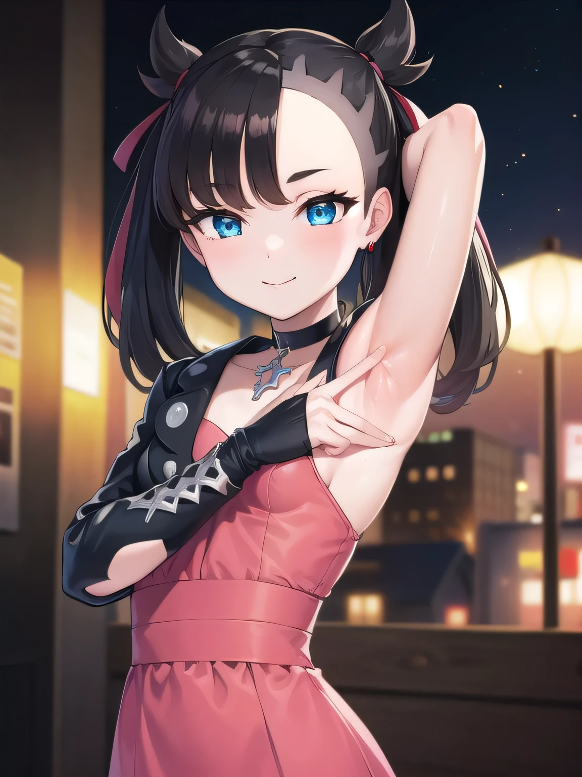 pokemonmarnie, pokemonmarnie, aqua eyes, asymmetrical bangs, asymmetrical hair, black hair, hair ribbon, long hair, red ribbon, ribbon, twintails, (small breasts:1.2),
black choker, black jacket, choker, dress, earrings, jacket, jewelry, long sleeves, open clothes, pink bag, pink dress,
ako suminoe, ascot, solo, upper body, night sky, forest, arms behind head, contrapposto, spread armpits, smile
BREAK (masterpiece:1.2), best quality, high resolution, unity 8k wallpaper, (illustration:0.8), (beautiful detailed eyes:1.6), extremely detailed face, perfect lighting, extremely detailed CG, (perfect hands, perfect anatomy),