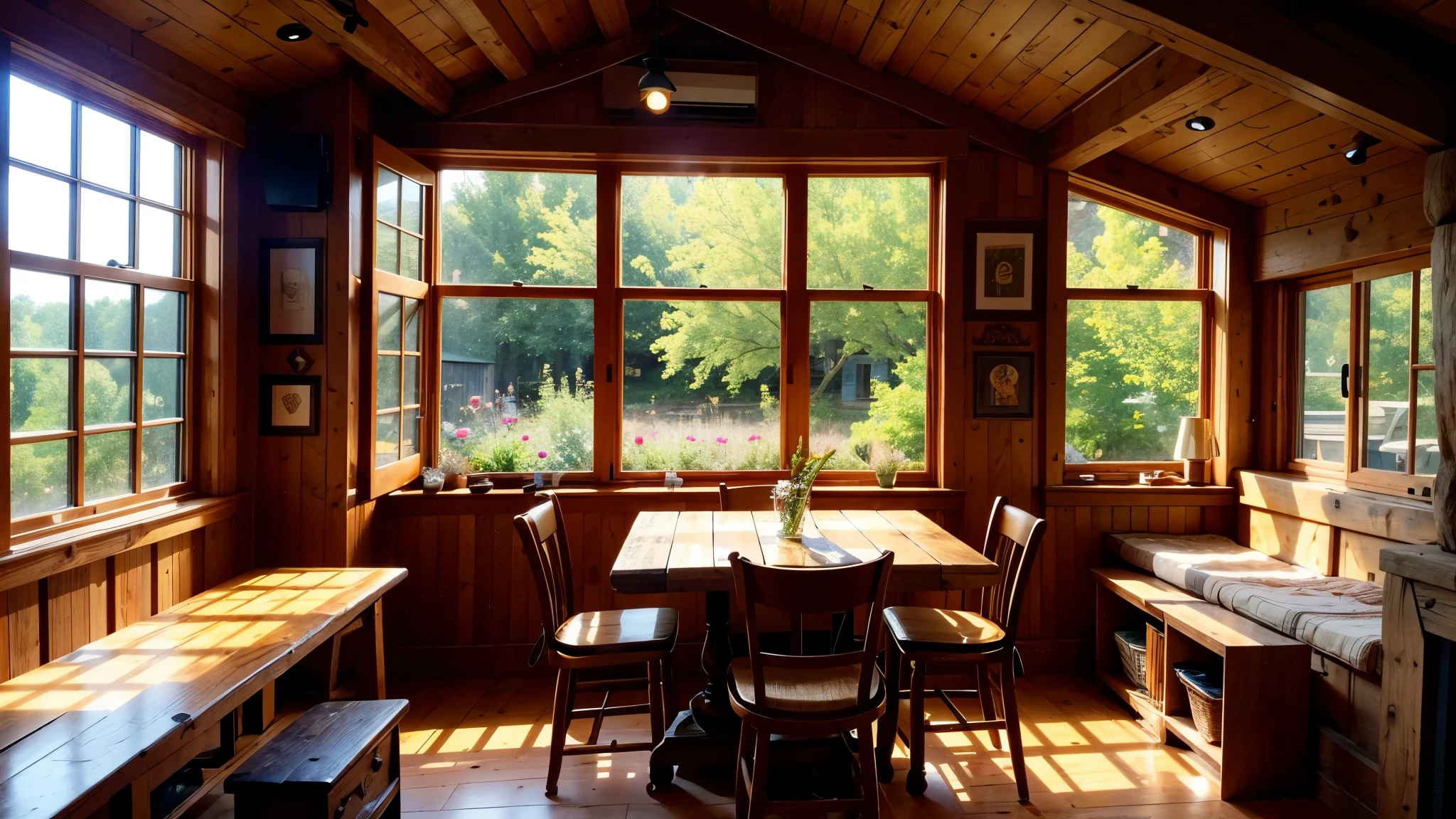 A small corner of the small wooden rustic coffee shop in the attic, rustic vintage style, the window is wide and airy, overlooking the spring garden, a beautiful natural landscape, shimmering light, UHD, 4k, masterpiece, colorful natural, raining night, sharpen image, golden ratio, highly detail