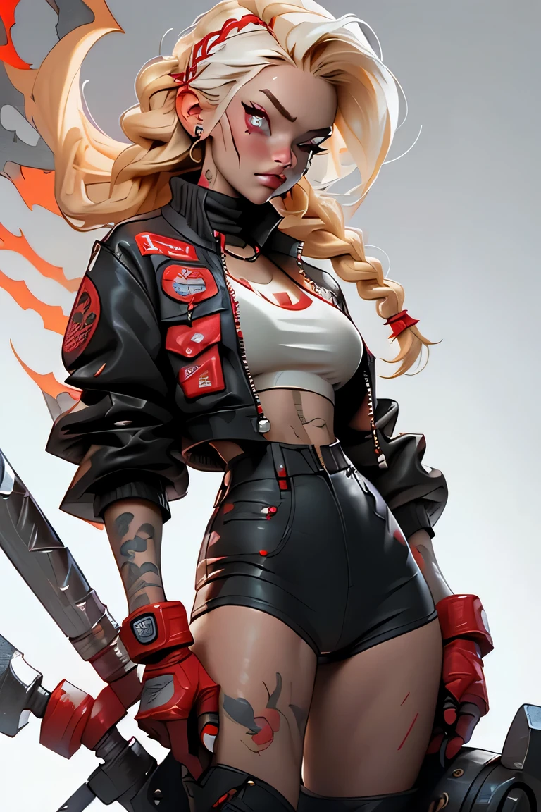 1girl, rebecca \(cyberpunk\), full body, solo, blonde braid hair, glowing red eyes,laugh fearlessly, leg tattoo, neck tattoo,  large chest, black bra, thong, red pupils, skin fang, red eyes, black jacket, ((Holding a big hammer、white background:1.2))、dynamic angle、