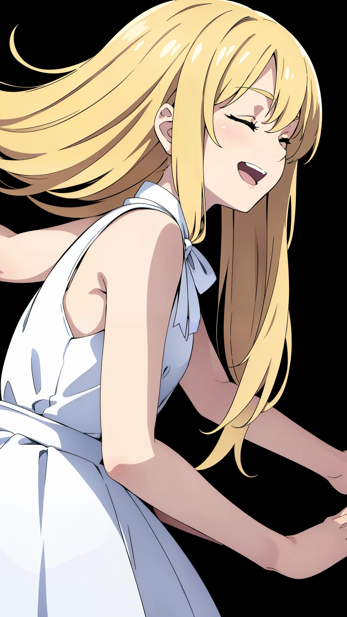 (1girl,8 ),blonde hair,long hair,white dress, sleeveless, bow tie, bare shoulders,closed eyes,smile,open mouth,(((white background))),profile,extra arms,four arms