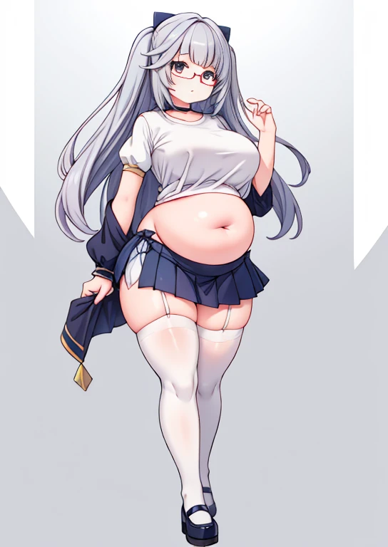 (masterpiece, best quality, highly detailed), 1girls, big belly, blurry background, huge belly, art by kipteitei, round belly, chubby, curvy, simple_background, gradient_background, belly grab, enormous belly, fat belly, thicc, bigger belly, really big belly, jiggly belly, shirt covering belly, belly cover by shirt, glasses, barefoot, ((lolita)), ((full body)), long hair