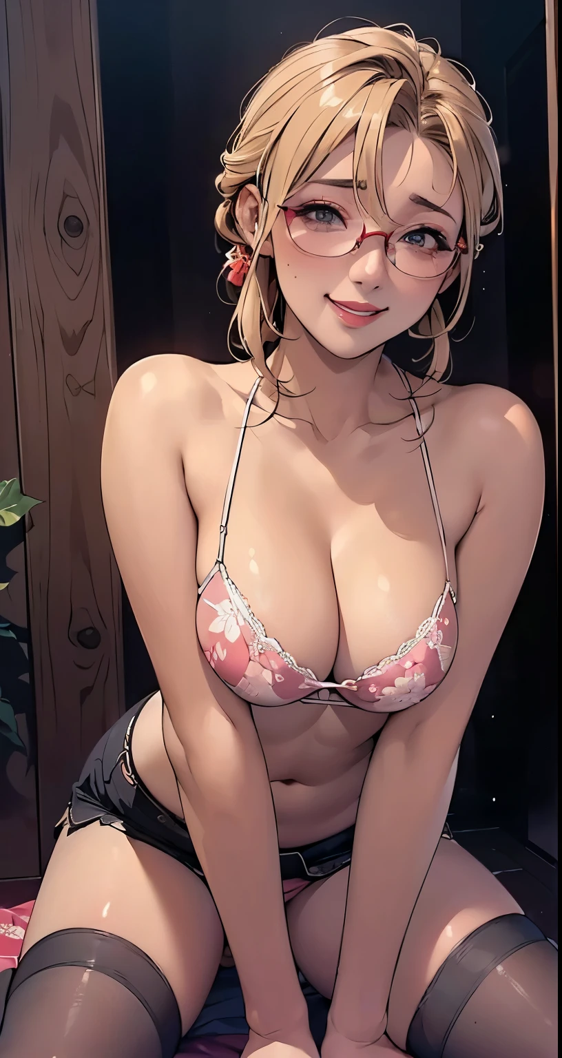 (orgasm face:1.5),(provocative smile:1.4),(dark skin:1.8),(21-year-old blonde perverted sister tempts with panty shots 1.35),(makeup:1.26),(Red false eyelashes),beautiful breasts、(looking at the viewer:1.5),(brown half updo hairstyle),(Clothes that show sexy cleavage、lewd floral shorts),glasses、Bending over and sexually harassing