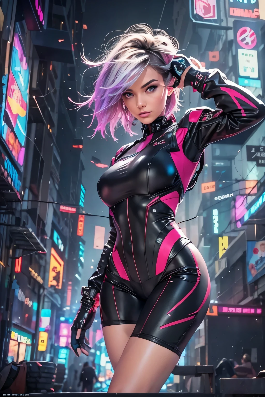 (extremely detailed CG unity 8k wallpaper), (ultra-detailed), masterpiece, best quality, lucy (cyberpunk), bodysuit, solo, breasts, cyberpunk city, multicolored hair, short hair, looking at viewer, medium breasts, black bodysuit, grey eyes, hip vent, clothing cutout, thigh gap, covered navel, white jacket, bare shoulders, short shorts, couch,