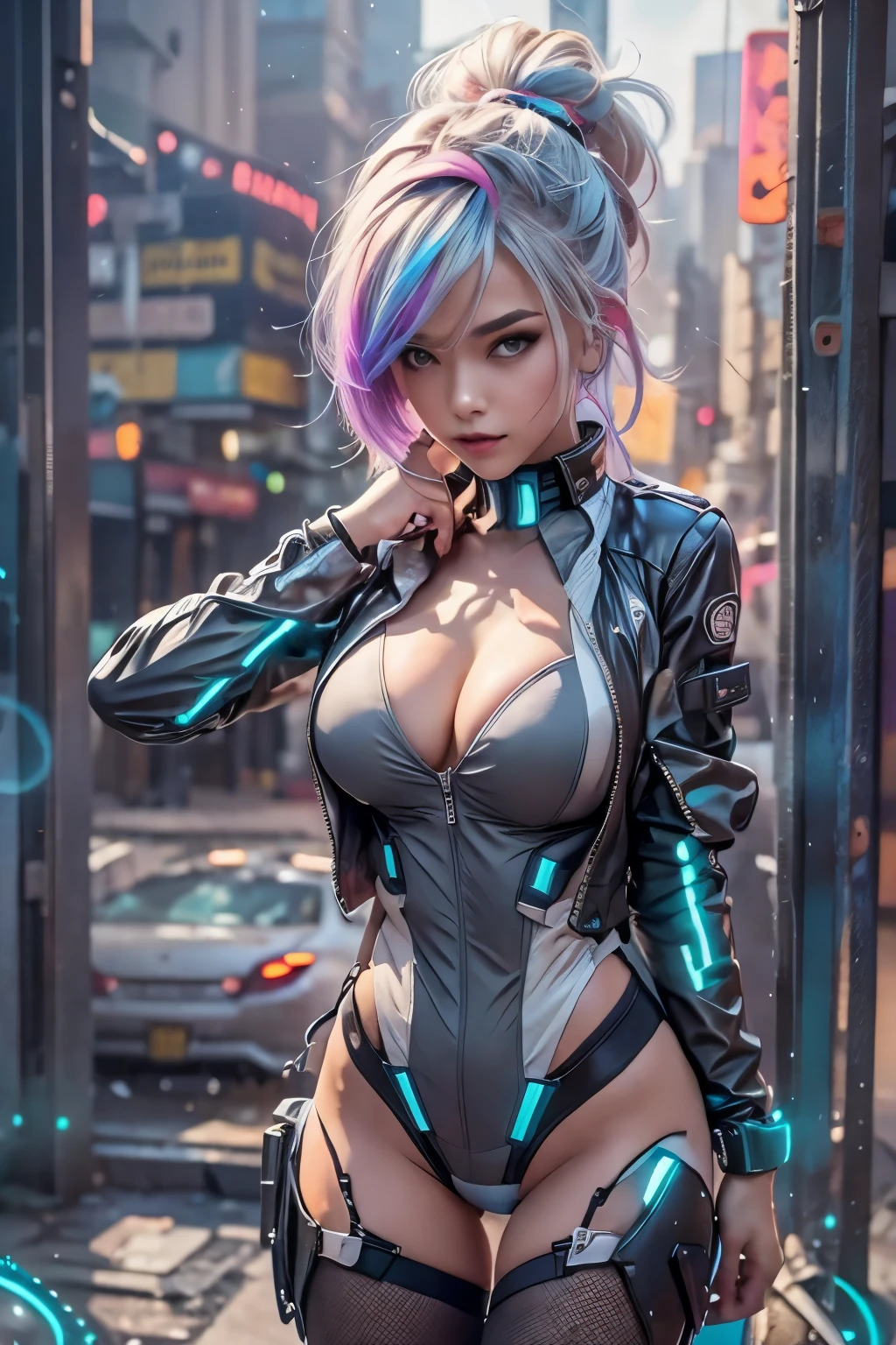 (extremely detailed CG unity 8k wallpaper), (ultra-detailed), masterpiece, best quality, lucy (cyberpunk), bodysuit, solo, breasts, cyberpunk city, multicolored hair, short hair, looking at viewer, medium breasts, black bodysuit, grey eyes, hip vent, clothing cutout, thigh gap, covered navel, white jacket, bare shoulders, short shorts, couch,