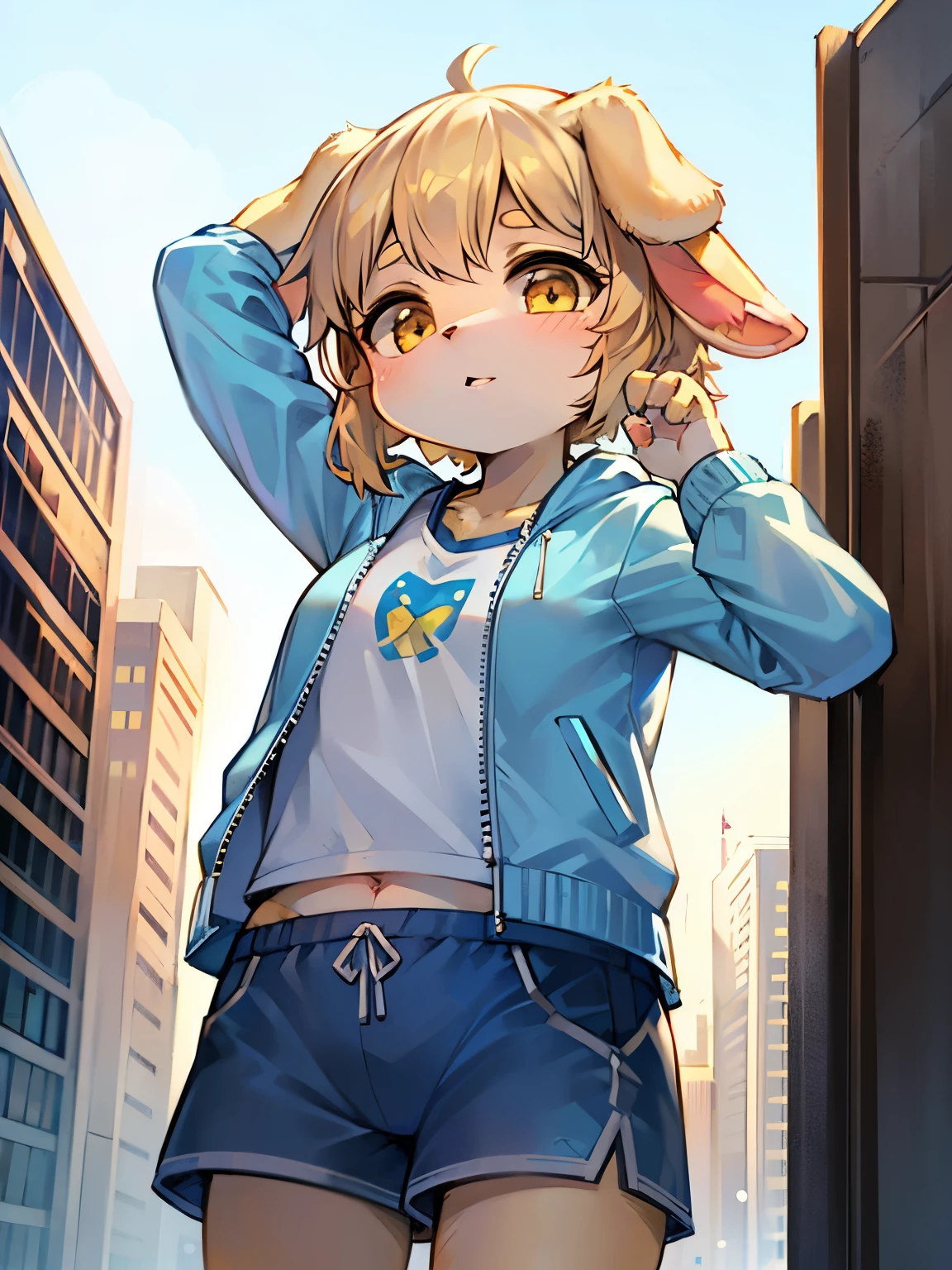 It's sunny outside,dog girl,Lop-eared dog,Female focus,hairy woman,Acting cute,short and small,Characteristics of a -year-girl,low skin,Blue short sleeve with white jacket,shorts,city bright background