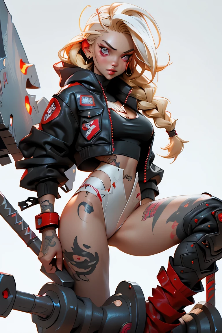 1girl, rebecca \(cyberpunk\), full body, solo, blonde braid hair, glowing red eyes,laugh fearlessly, leg tattoo, neck tattoo,  large chest, black bra, thong, red pupils, skin fang, red eyes, black jacket, ((Holding a big hammer、white background:1.2))、dynamic angle、