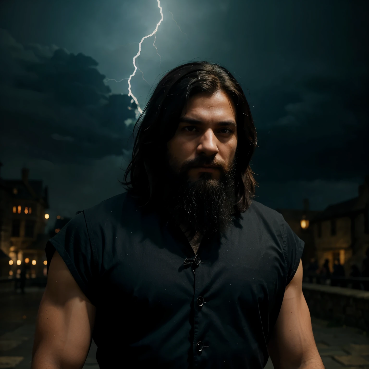 A 30 years old ravenclaw villain with beard, hogwarts style with a dark scenary of thunder and smoke