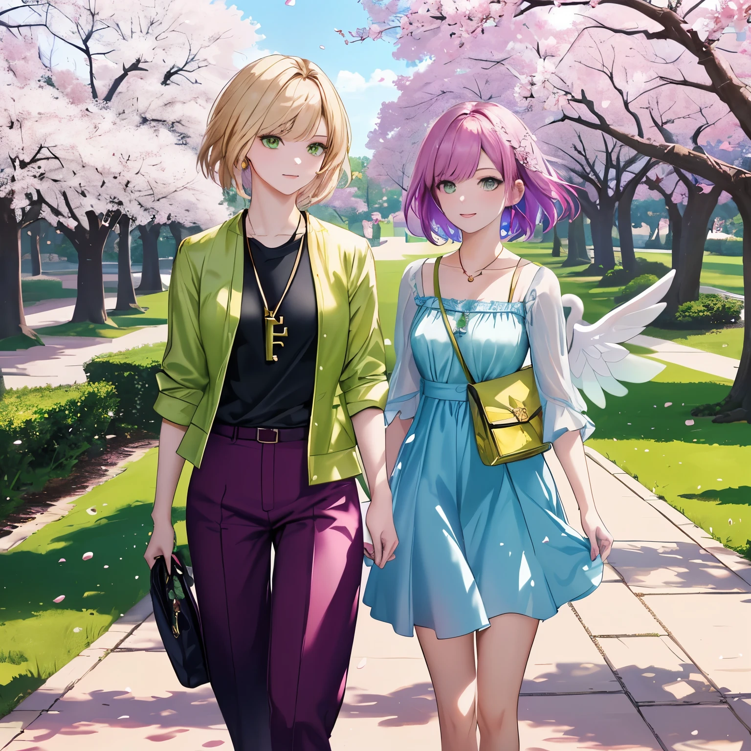 - **Number of people**: 2
- **Costumes and Colors**: One is a casual spring outfit, wearing a lime green top and dull green pants. The other is more formal in style, wearing a pastel blue dress. They both incorporate gold accessories and small objects.
- **Haircut and Color**: One has long hair, bright blonde with a spring-like color. The other has short hair, and her hair color is deep brown.
- **Worldview**: A spring day in an urban park, with cherry blossoms in full bloom.
- **Personal belongings and weapon details**: No specific weapons, one has a handbag and the other a book.
- **Wing details**: No specific wings are depicted.
- **Emotions and Movement**: Both are smiling happily and enjoying walking and chatting.
- **Perspective and Composition**: From the front view, they are positioned in the center of the screen.
- **Background and colors**: The background is a park with cherry blossom trees and grass. The colors are predominantly bright pink and green.
- **Light and shadow**: Natural light is predominant and soft shadows are depicted.
- **Other**: Cherry blossom petals are dancing in the wind.
- **Style**: High-definition official artwork and highly detailed exquisite fan art style that would trend on Art Station and Pixiv. It references the key art of Kushart Krenz, feminine style and Fate style. Also realistic anime 2.5D style or realistic anime girl style.
- **Body shape, skin and color**: More gold, followed by green, and mainly blue in the last (added to characters and key elements) Yellow, silver, deep red and purple (besides characters and key elements) should all be absolutely added.
- **Improved image quality**: we use golden ratio 1.2 and drawing board 1.3 and aim for absurdres, top quality, photorealistic, hyperrealistic, super detailed illustrations. The ultra-high resolution, large file size, and 64K create beautiful masterpieces. Faces are in high definition and lighting is flawless. You can choose between 8K resolution, Ultra High Resolution