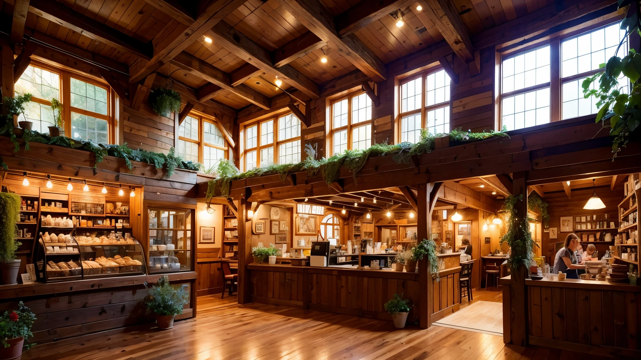 A small corner of the small wooden rustic coffee bar shop in the attic, rustic vintage style, large atrium, the window is wide and airy, overlooking the spring garden, a beautiful natural landscape, shimmering light, UHD, 4k, masterpiece, colorful natural, raining night, sharpen image, golden ratio, highly detail