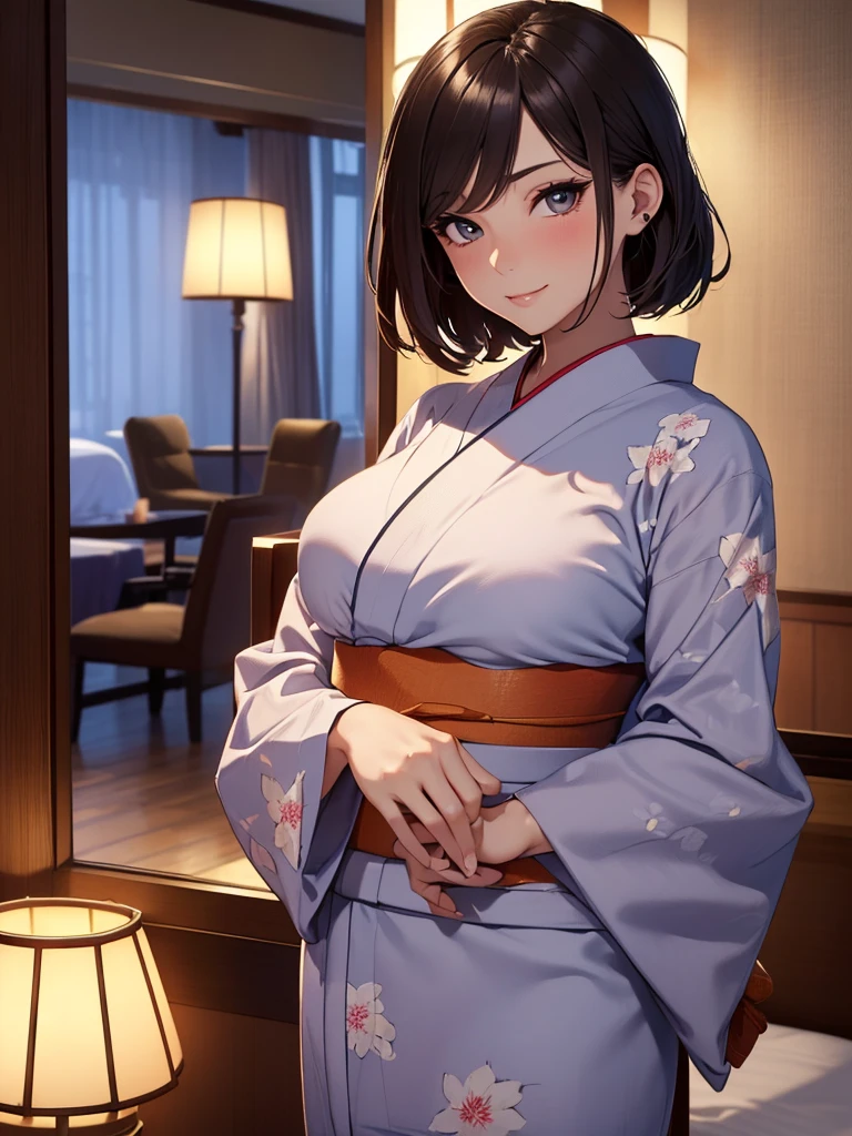 1 beautiful woman, seductive sexy, Alluring plumpness:1.3, Brunette, Straight-haired, pupils sparking, long upper eyelashes, (wearing yukata in hotel:1.5), Japanese-style rooms at the hotel, futon, seductive smile, light blush, ear blush, seductive expression, sexy tease, high quality clothing, beautiful and delicate clothing, super detail face, high detail and delicate eyes, ((accurate limbs)), ((correct finger)), (super textured skin), high quality background, award winning, masterpiece, anatomically correct, retina, highres, UHD, 16k, 8k