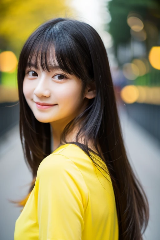 1 girl, pure yellow shirt, black long hair, bokeh, 17 yo, soft smile