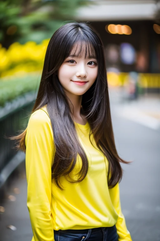 1 girl, pure yellow shirt, black long hair, bokeh, 17 yo, soft smile