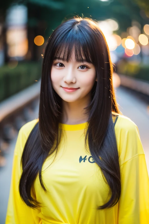 1 girl, pure yellow shirt, black long hair, bokeh, 17 yo, soft smile