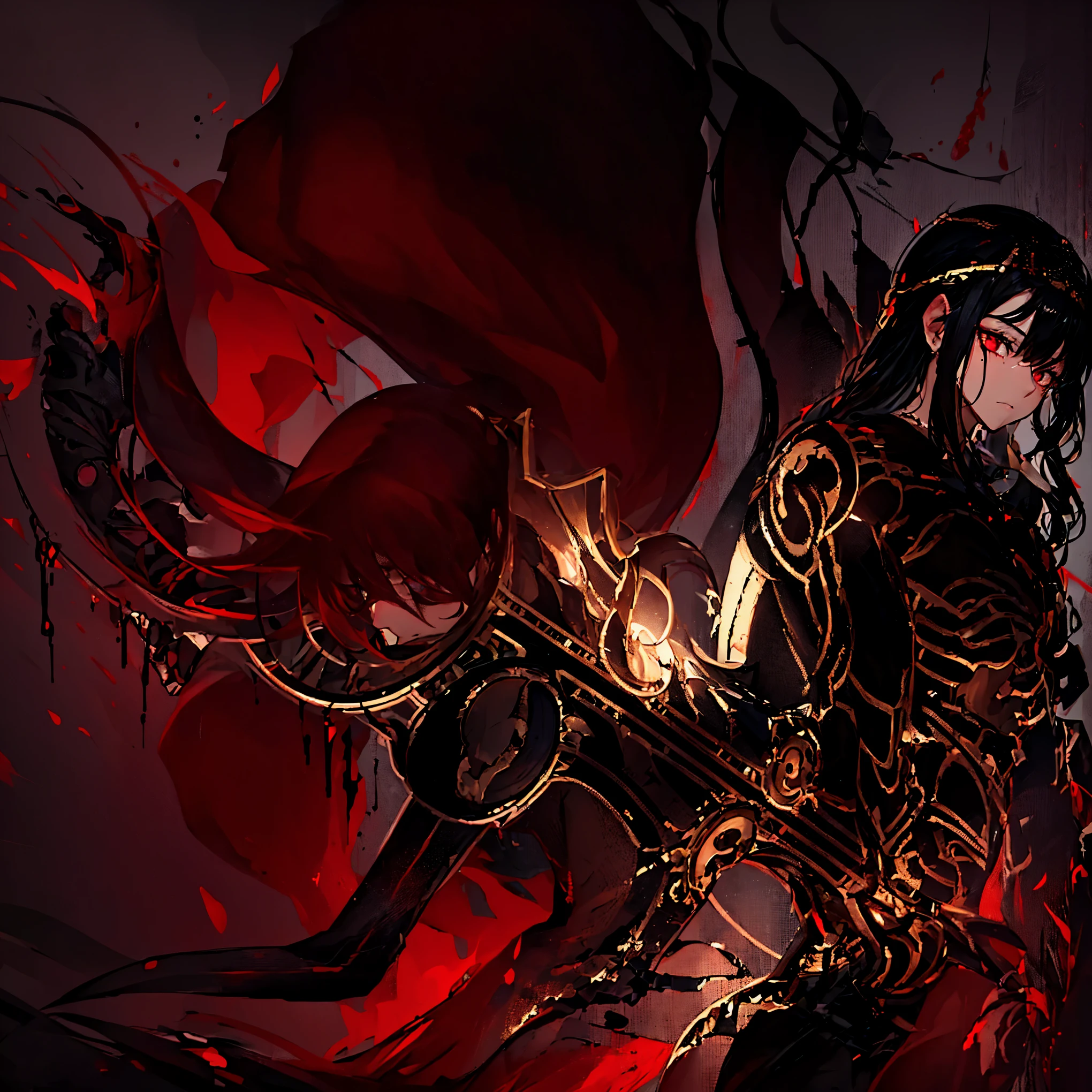 1boy, (stunning black long hair:1.2), male, (blood on hands:1.3), heterochromia, (dark blue right eye:1.2), (red left eye: 1.2), (dark theme:1.3), (dark atmosphere:1.3), (emotionless:1.2), (cute face)