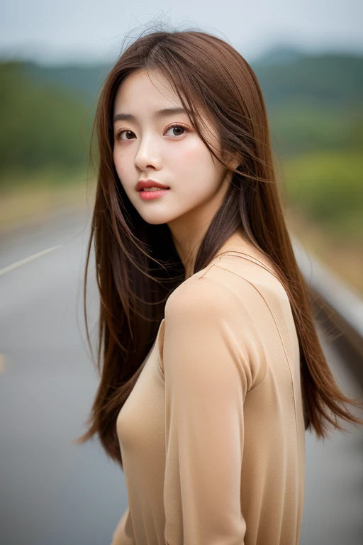 Movie photos of beautiful Korean fashion model bokeh train , Good skin , Half Korean, half Thai , Shoot close to the face , For sale skin care , long brown hair , Wear a beige outfit , Japanese background in brown tones , Light shines in from the left side. , hair blowing in the wind