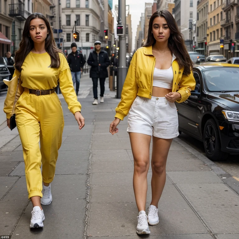 Latina de 19 ans tenant un chien dans ses main , promenade a new york, jupe lyceenne , et un suite a capuche jaune et blan des air force 1 blan