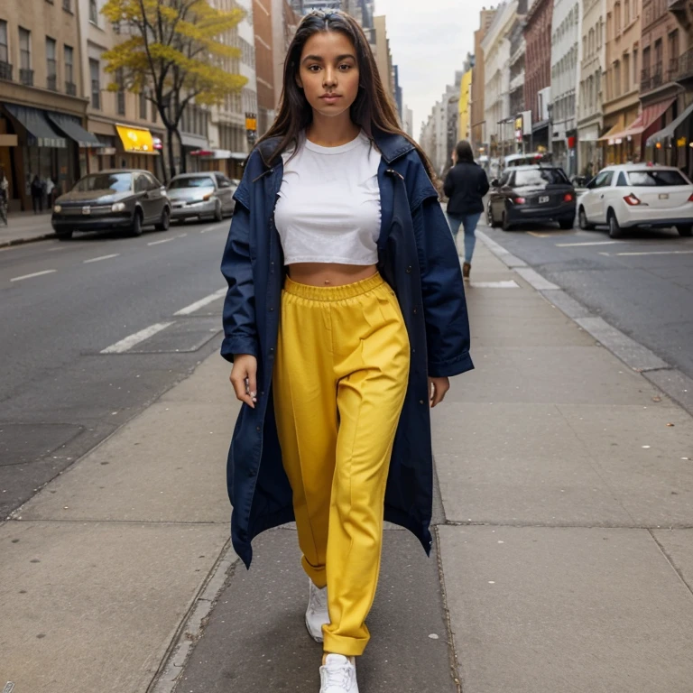 Latina de 19 ans tenant un chien dans ses main , promenade a new york, jupe lyceenne , et un suite a capuche jaune et blan des air force 1 blan