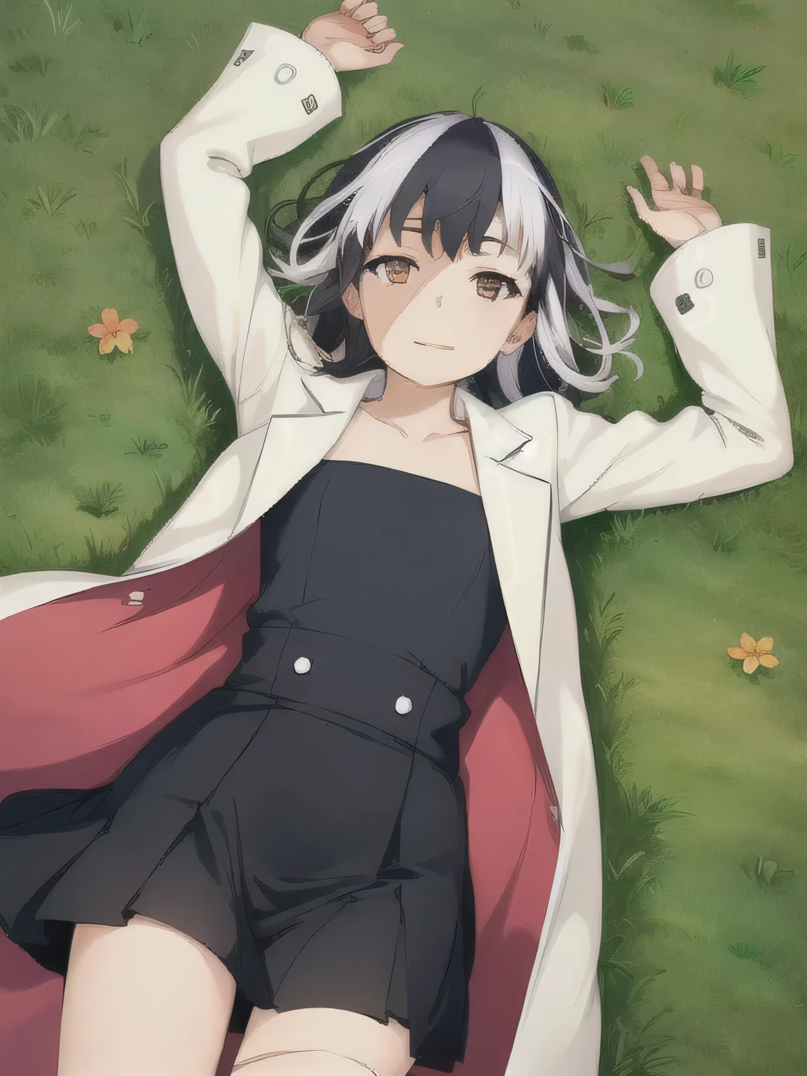 1girl, masterpiece, best quality skirt, shirt,  solo, spread arms, smile, lying, on back, on grass, arms up, looking at viewer, solo, in the center, cowboy shot, high quality, white labcoat, expressionless, closed mouth,