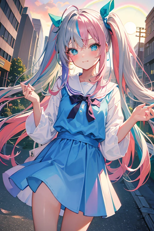 (rainbow colored hair, colorful hair, half silver、half pink hair: 1.2), ,long hair、(Cinematic digital artwork: 1.3), high quality, table top, Turquoise eyes、最high qualityの, Super detailed, figure, [4K digital art]!!、 Kyoto animation style, one woman, clavicleの美しさ, clavicle, light, want, blue sky, positive, Dead leaves dance、full moon、On a tree-lined street、taking a walk、((red、transparentな銀のドレスセーダーンのセクシーな服))、（（White、transparent、Polka dot unset, motivation, shine, dynamic perspective、Blue glasses、Green ribbon、twin tails、embarrassed face、cute face、happy face