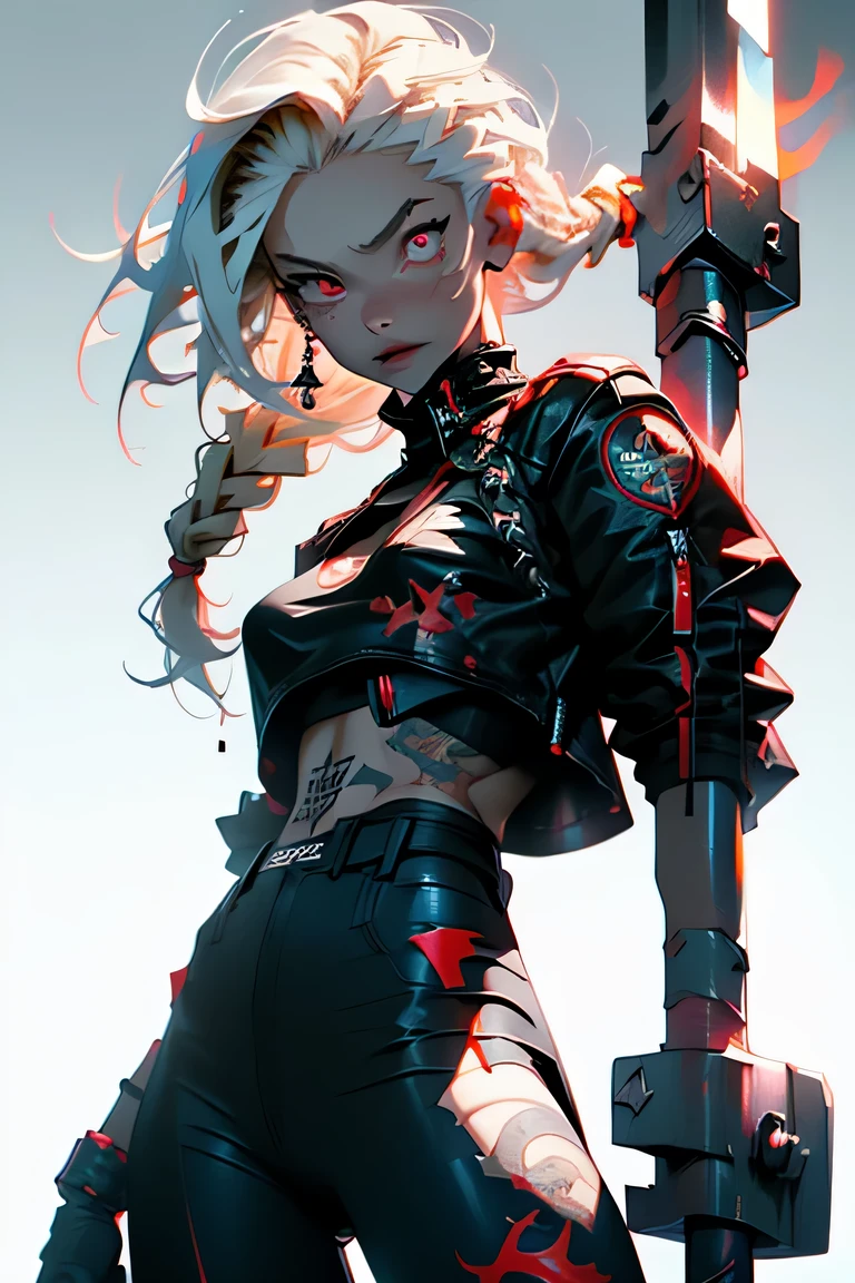 1girl, rebecca \(cyberpunk\), full body, solo, blonde braid hair, glowing red eyes,laugh fearlessly, leg tattoo, neck tattoo, large chest, black bra, thong, red pupils, skin fang, red eyes, black jacket, ((Holding a big hammer、white background:1.2))、dynamic angle、
