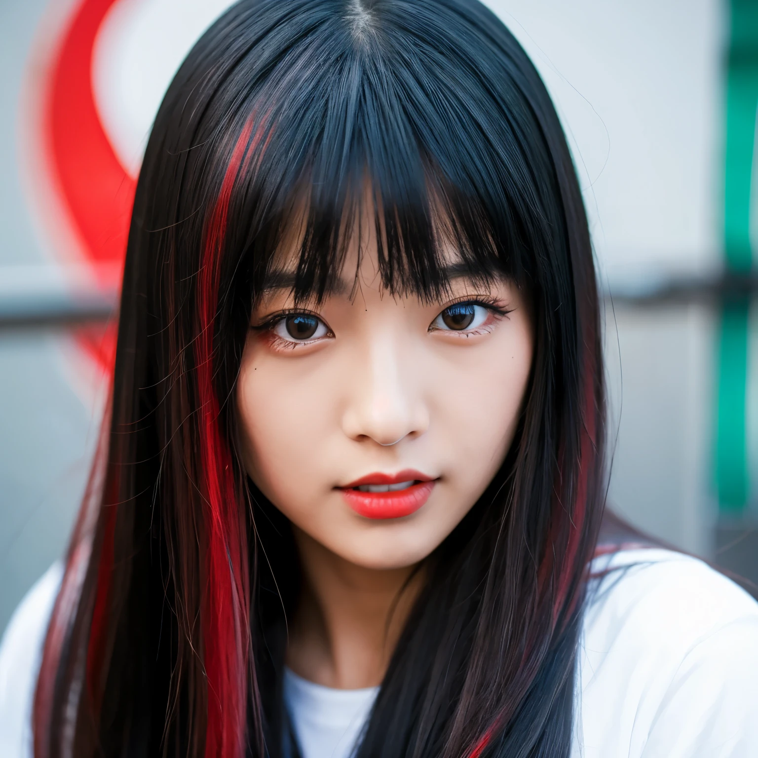 Asian girl with long black hair with red painted tips 