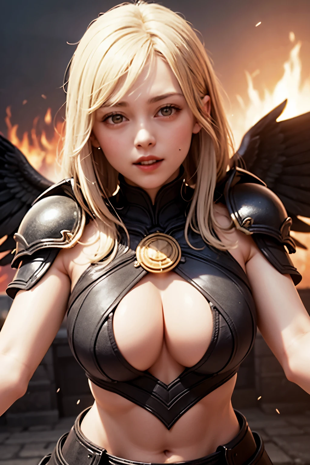 age girl, full plate armor, sweaty hair, Ancient battlefields, big breasts, Feast of Angels, background blur, Magic circle in the background, movie lighting effects, Put one hand out in front, Burning castle in the background, countless flames in the background, sparkling eyes, Casting spells, Crazy, red lips, Damaged armor, tilt one's face, blue flame, smile, anatomically correct hand, Draw a magic circle, flying in the sky, Jet black wings grow, highly detailed face, Beautiful and well-proportioned face, beautiful skin, Flying, Supermodel proportions, Crescent Moon, Rainy nights, Cast a spell, I can see my abs, separate armor, Lightning is falling, beautiful hair, Well-trained abs