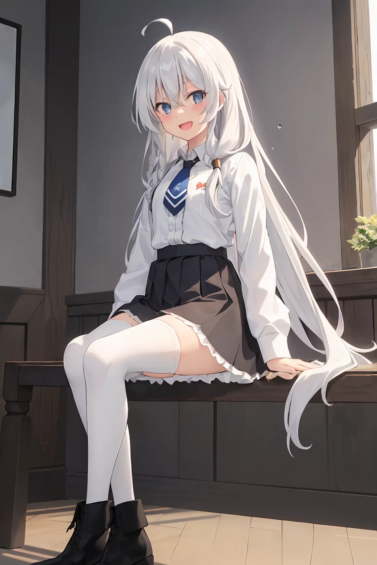 (masterpiece, highest quality, High resolution),
Elaina, alone, short skirt, white legwear, shirt, smile, long hair, open your mouth, white shirt, Thighhighs, blue tie, looking at the viewer, :d, , boots, white Thighhighs,  brown skirt, water droplets,  high heels, black footwear, frills, Braid, indoors, high waist skirt, collared shirt,