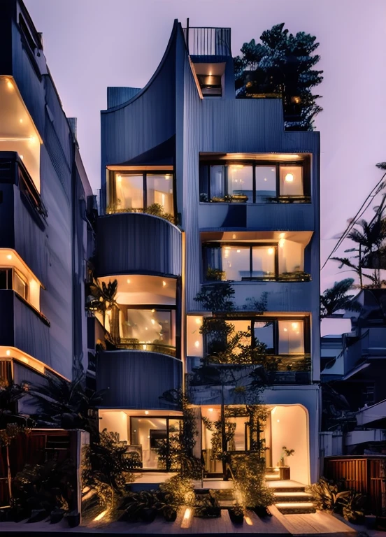 RAW photo, outdoor, (residential architecture exterior:1.3), 1 house architecture, (elegant), Singapore tropical modern house style, white wall and glass and rock and black steel and wood, (Luxury home with exquisite finishing:1.3), (wood),Beautiful tropical garden, warm yellow light in the interior, dark night sky, (high detailed:1.2), (Evening environment with warm dominant interior lighting), 8k uhd, ds, soft lighting, high quality, film grain, Fujifilm XT3