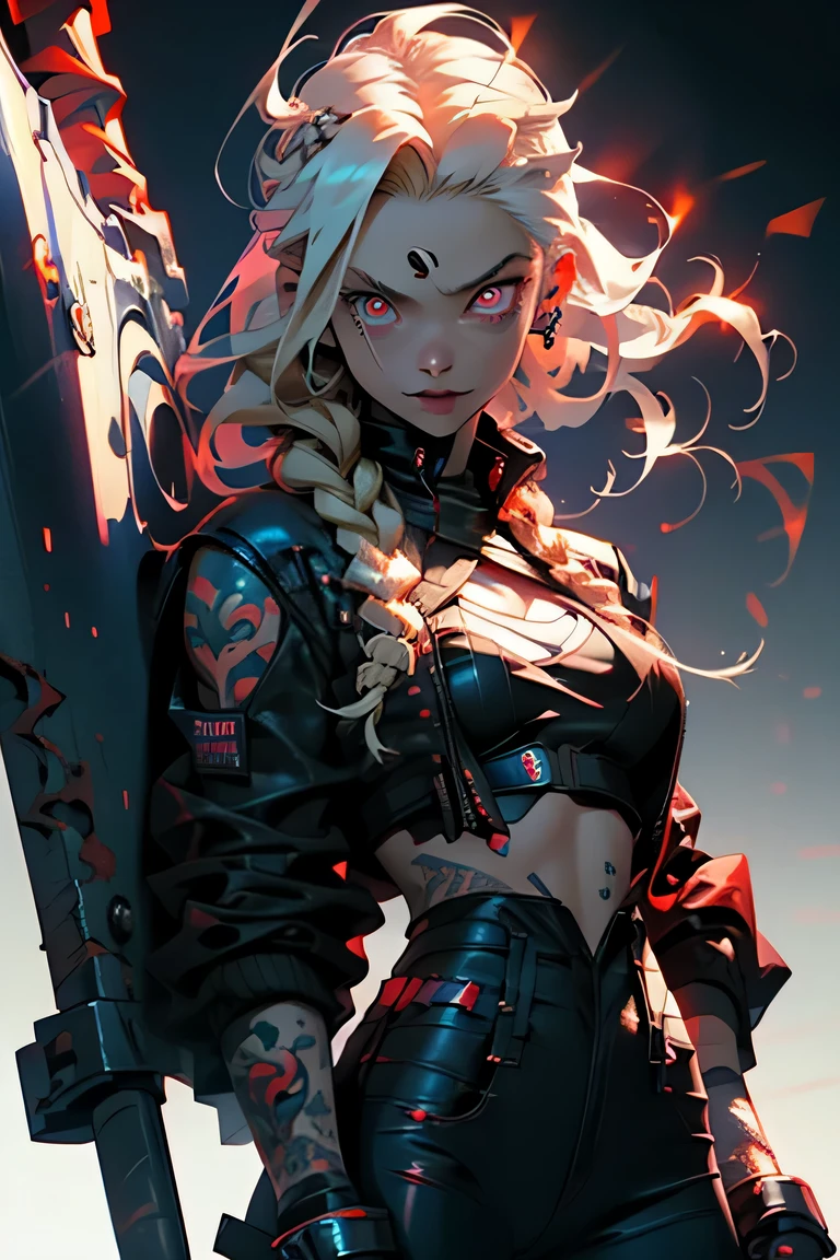 1girl, rebecca \(cyberpunk\), full body, solo, blonde braid hair, glowing red eyes,laugh fearlessly, leg tattoo, neck tattoo, large chest, black bra, thong, red pupils, skin fang, red eyes, black jacket, ((Holding a big hammer、white background:1.2))、dynamic angle、