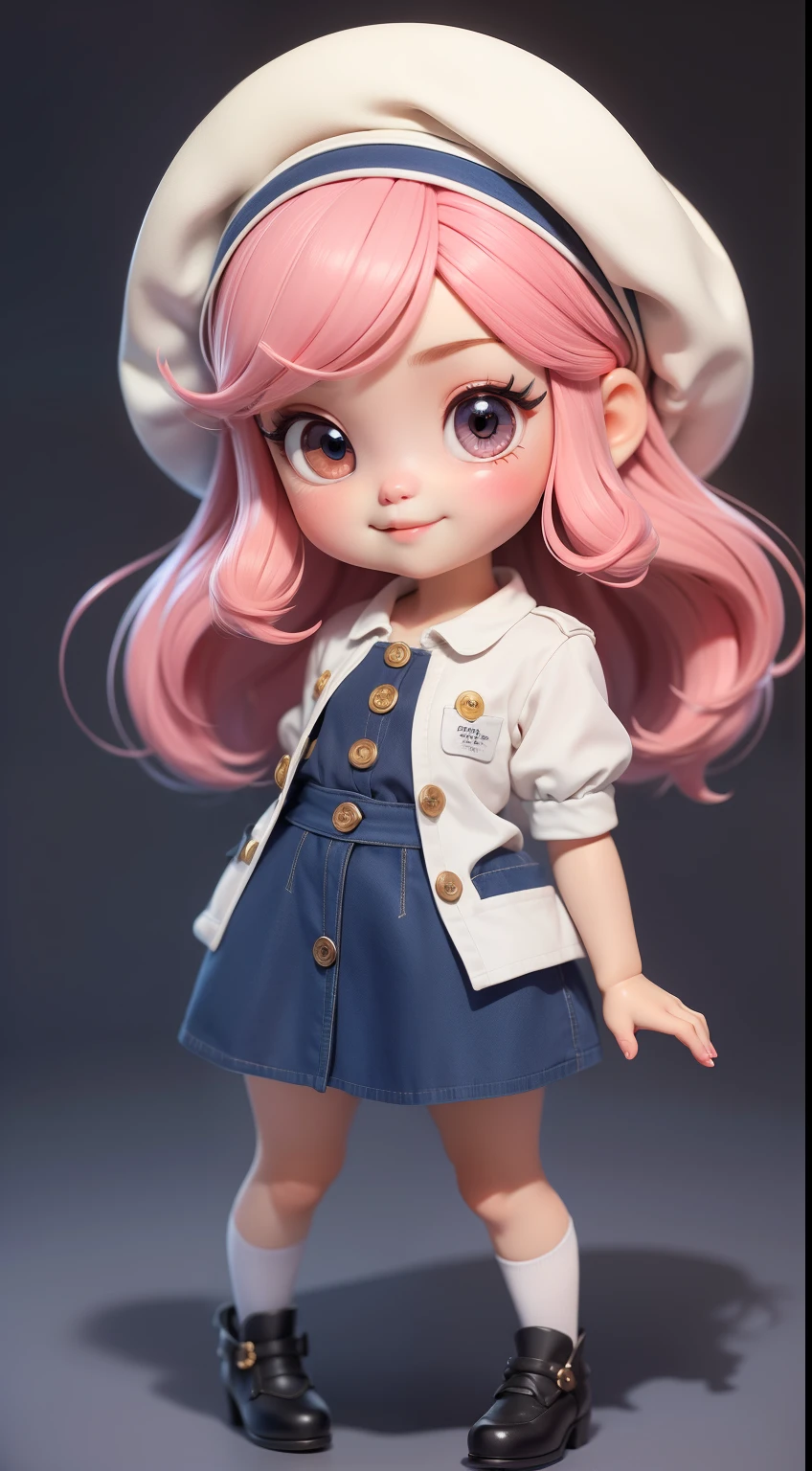 Create a series of cute chibi style dolls with a cute street theme, each with lots of detail and in an 8K resolution. All dolls should follow the same solid background pattern and be complete in the image, mostrando o (corpo inteiro, incluindo as pernas: 1.5)cabelo preto ou marrom. Seus olhos devem ser grandes e expressivos, with long eyelashes and rosy cheeks. Sorriso delicado e branco. Marina deve estar vestida com uma jaqueta, Camiseta, Saia & bonnet . Certifique-se de adicionar detalhes nas roupas, such as buttons and pockets, sapato bonito Certifique-se de adicionar sombras, texturas e detalhes nos cabelos, roupas, Safari utensils, to make them even more adorable and charming.
