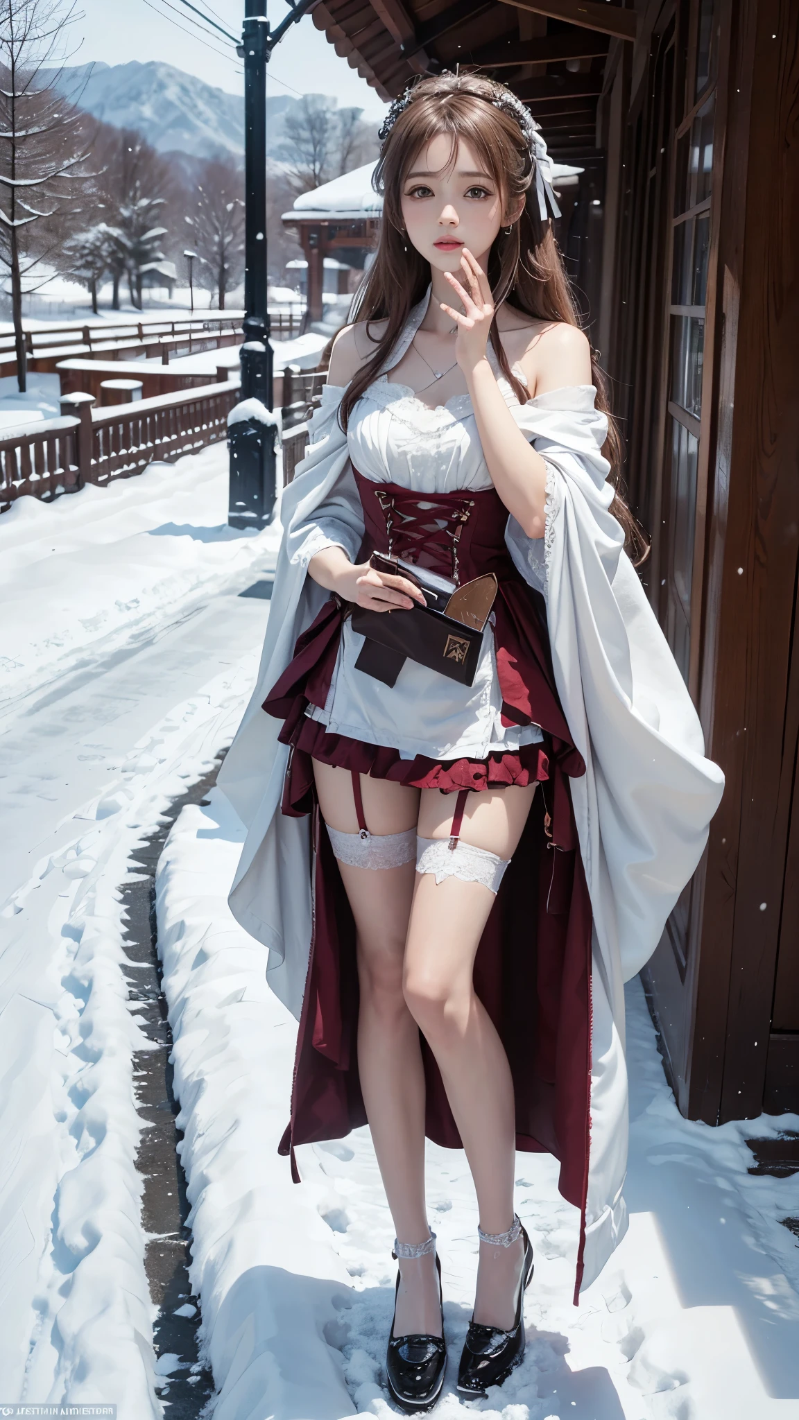 （8K，RAW photos， best qualtiy， tmasterpiece：1.2），（realisticlying， photograph realistic：1.4)，Hide your face with sadness，
Lolita costume，Lace， Aerith Gainsborough， The upper part of the body，upper legs，Lace， undergarments，exposed bare shoulders， do lado de fora， (outside，Covered with snow，cloaks，) high high quality， Adobe Lightroom， highdetailskin， looking at viewert，