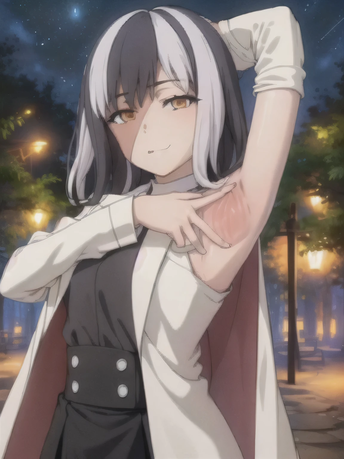 1girl, masterpiece, best quality, skirt, shirt, solo, upper body, night sky, forest, arms behind head, contrapposto, spread armpits, smile, white labcoat, expressionless, closed mouth,