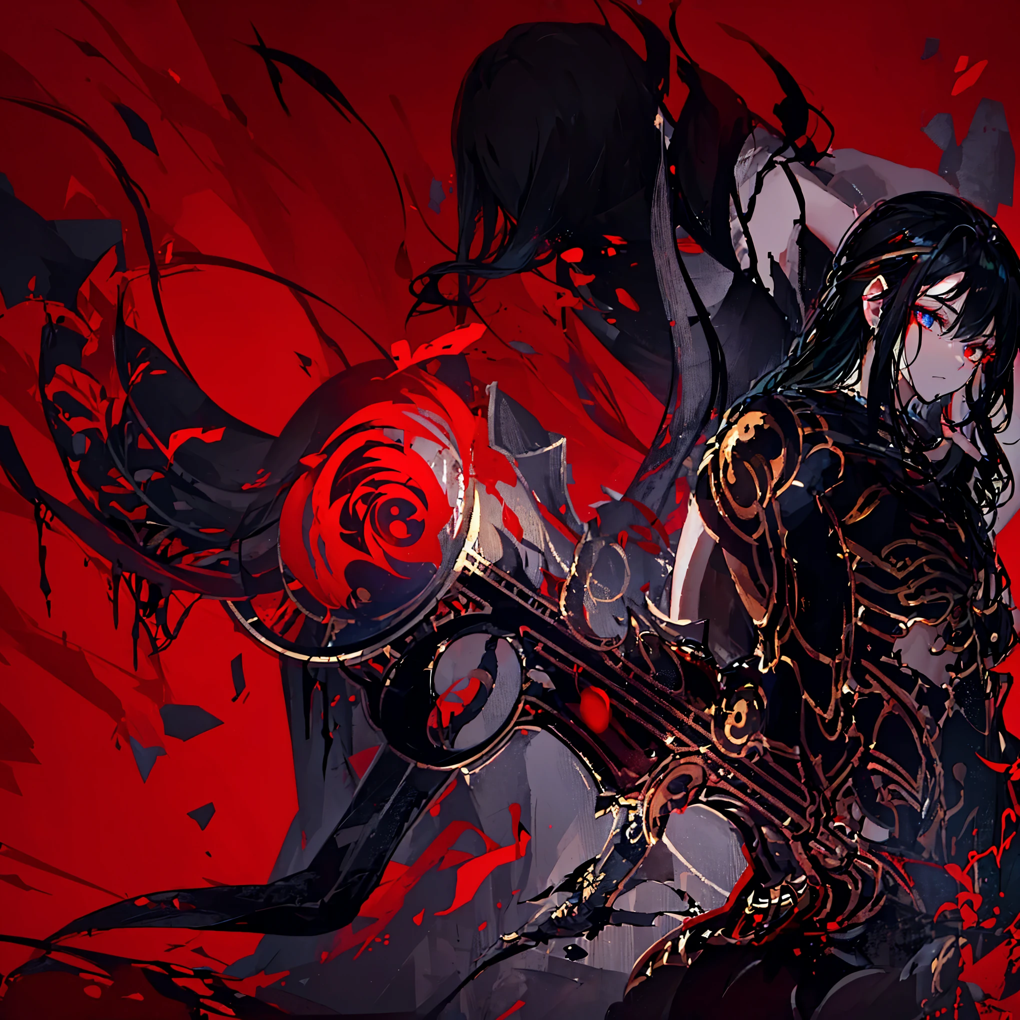 1boy, (stunning black long hair:1.2), male, (blood on hands:1.3), heterochromia, (dark blue right eye:1.2), (red left eye: 1.2), (dark theme:1.3), (dark atmosphere:1.3), (emotionless:1.2), (cute face)