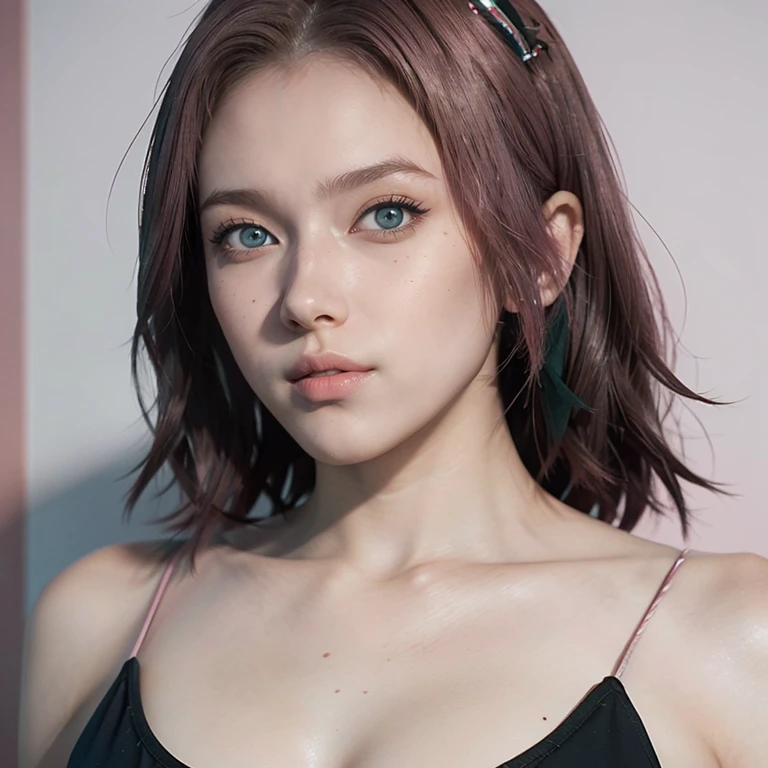 young woman, short shoulder-length pink hair, wide forehead, porcelain skin, pink eyebrows, big emerald green eyes, buttoned nose, full lips, heart-shaped face, slender body, small breasts, red tank top, Sakura Haruno , realistic, realism, details, 3d, well detailed