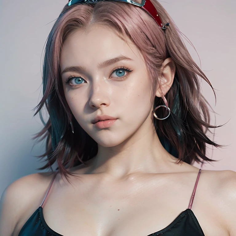 young woman, short shoulder-length pink hair, wide forehead, porcelain skin, pink eyebrows, big emerald green eyes, buttoned nose, full lips, heart-shaped face, slender body, small breasts, red tank top, Sakura Haruno , realistic, realism, details, 3d, well detailed
