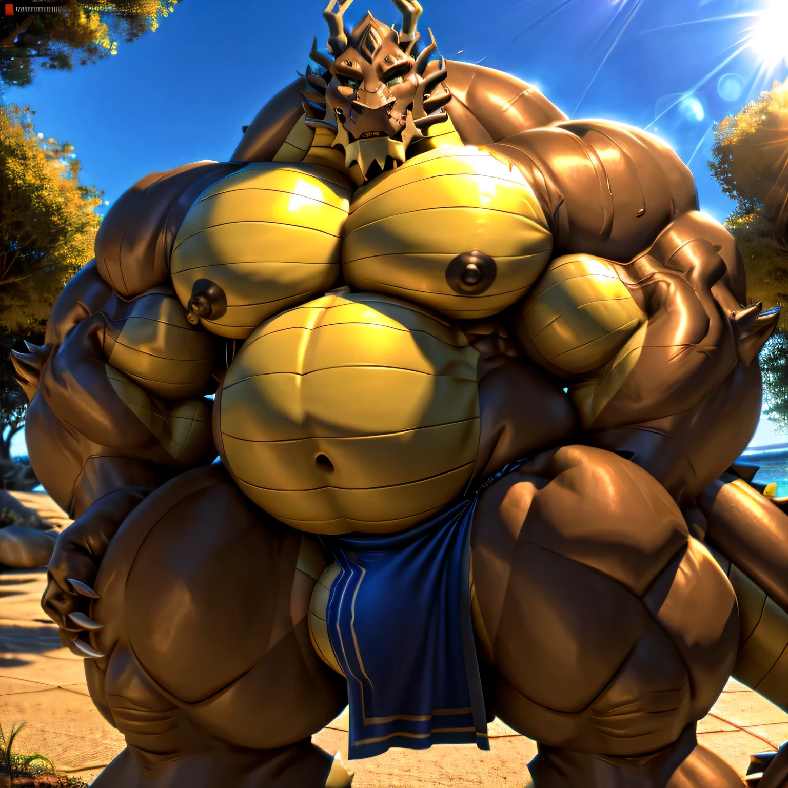 shendu, eastern dragon king, male dragon, eastern dragon,hefty body, with very big muscles, hulking, huge, colossal body, extremely strong, big abdominal muscles, hefty musclegut, pecs, Strong and robust musclegut , prominent muscle abs, sharp claws, legs, feet, full body, loincloth, HDR, nipples, sunlight, daylight, outdoor, bright , at noon, good weather, 4k, best quality .