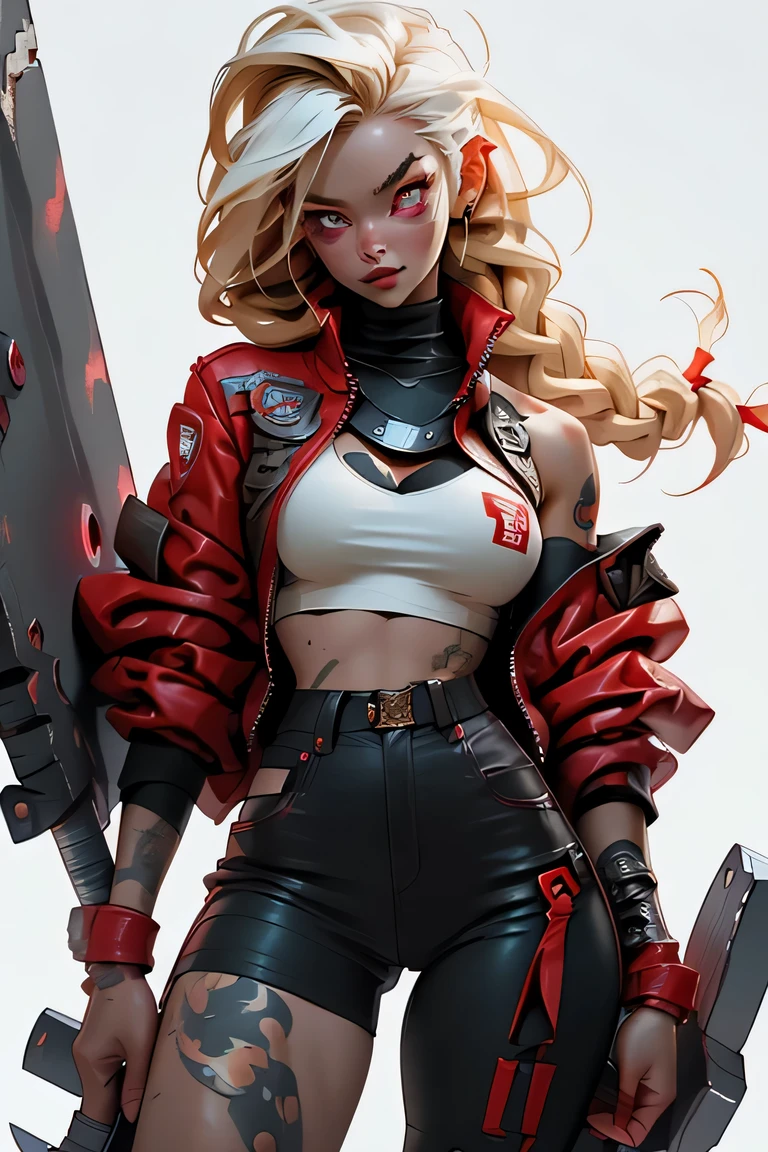 1girl, rebecca \(cyberpunk\), full body, solo, blonde braid hair, glowing red eyes,laugh fearlessly, leg tattoo, neck tattoo, large chest, black bra, thong, red pupils, skin fang, red eyes, black jacket, ((Holding a big hammer、white background:1.2))、dynamic angle、