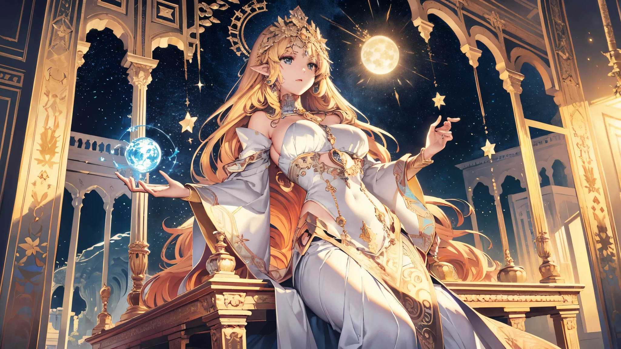 goddess gaia, God the Mother, August, wonderful, huge tit, white apparel, full body esbian, flower frame, decorative panels,  abstract artistic, Alphonse Mucha, (master piece, best quality, High resolution:1.4), detailed, intricate details, 4k, Color splatter, line drawing, fibonacci, starry sky, night, exterior, cloud, reflector, water, magic, (tarot card), card, ((Beautiful golden crystal star)), building, palace, patterned, Sumeru, cloud, moon
