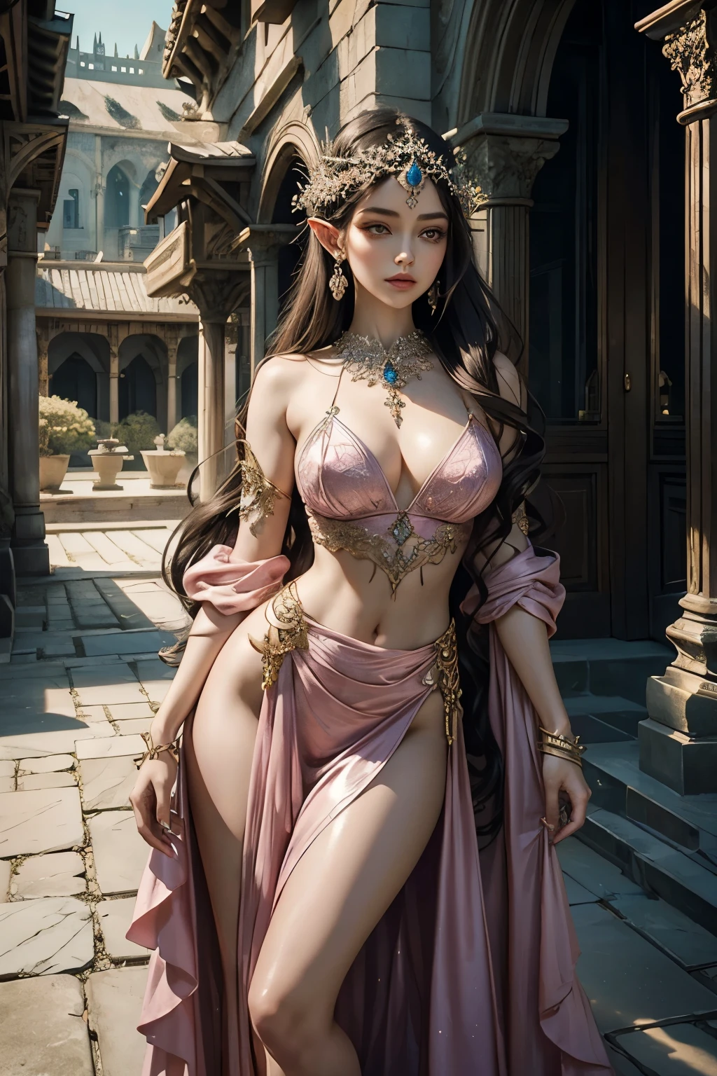 Masterpiece, digital artwork of a gorgeous, beautiful brunette elf woman, adorned in a pink satin dress with intricately designed waist chains, curvilinear figure, escaping the enchantment of a marble palatial courtyard. The artwork, inspired by the ethereal style of Makato Shinkai, unveils highly detailed elven features, showcasing her delicate, slender frame and expressive, otherworldly eyes. A tranquil yet inspiring piece, overflowing with exquisite craftsmanship and intricate details, capturing the beauty and allure of the mystical realm.