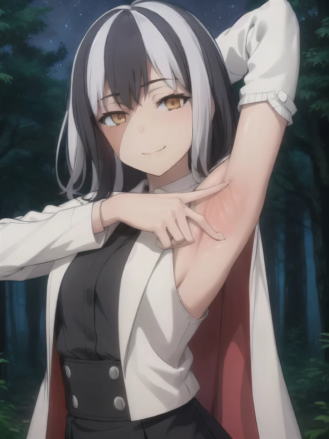 1girl, masterpiece, best quality, skirt, shirt, solo, upper body, night sky, forest, arms behind head, contrapposto, spread armpits, smile, white labcoat, expressionless, closed mouth,