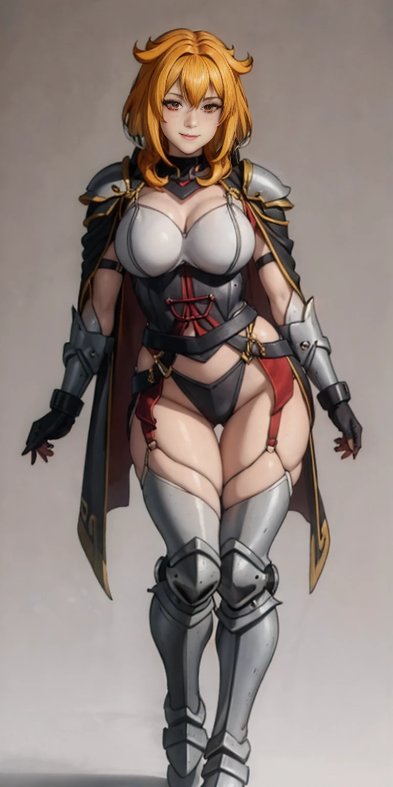 Masterpiece, (flat black background:1.2) solo, detailed face, intricate iris, thick lips, robot girl, (gold and white skin), realistic illustration of a (cyborg girl),(RED eyes),IvoryGoldAI,(freckles),(holding BREATHTAKING:1.2), (gold and white armor:1.2), (looking at viewer:1.2),parted lips, standing straight symmetrical, looking at viewer, lustful smirking smile face red blushed red cheeks, thick thighs, thighhighs, thigh, boots, armor, armored boots, full body armor, bikini armor, big breastplate, pauldron, bracers, leather black choker, tiger claws gloves, short bob white haircut, helmeted, metal shoulders, red long loincloth, longest blue cape reach to the waist, shackles and chains wristbands