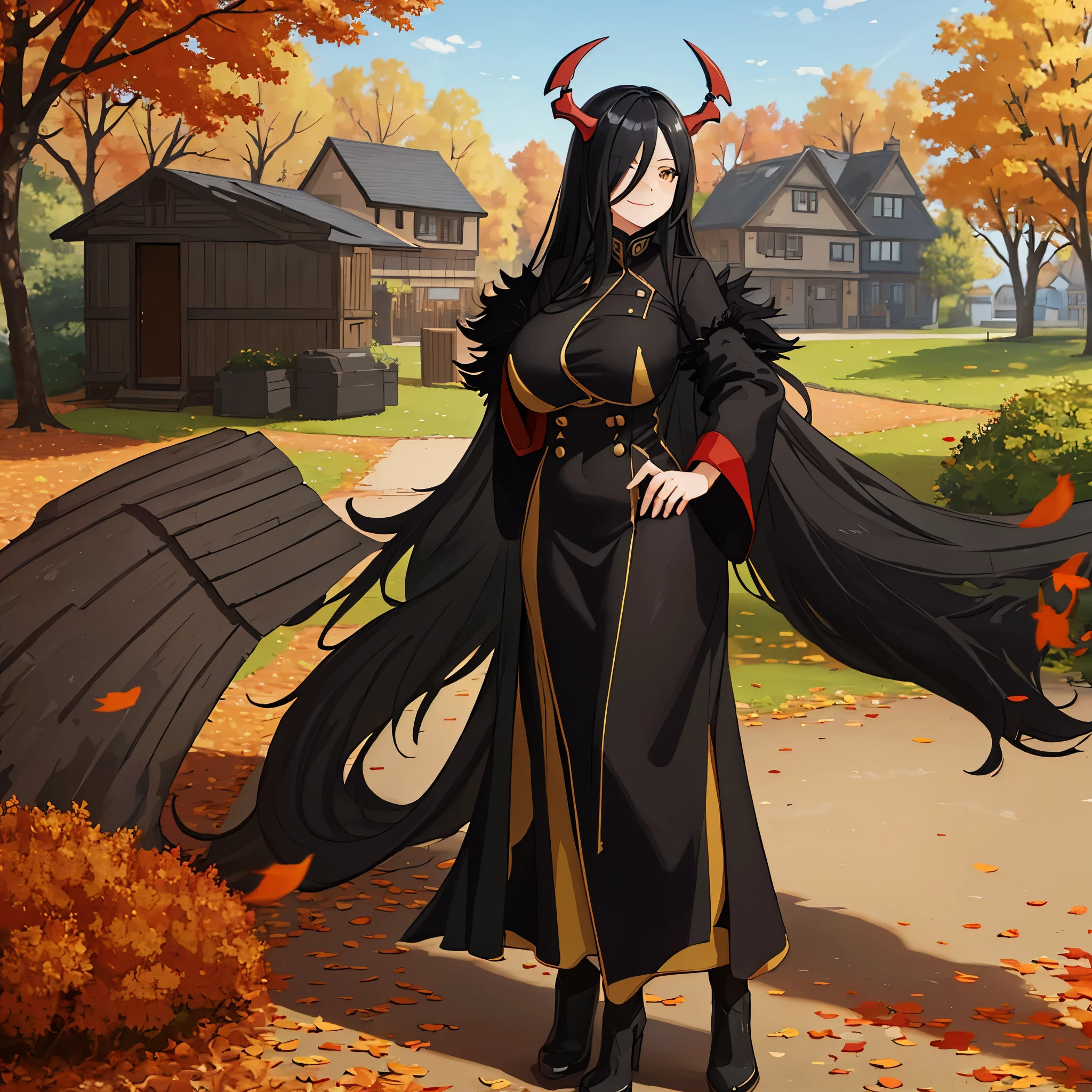 A woman wearing a black fur coat, in an autumn themed park, leaves falling to the ground, houses in the background, trees around, black hair, yellow eyes, red horns, big breasts, smiling, HDR, very detailed, ultra resolution, masterpiece. 8k hd.
